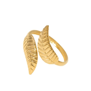 Polished gold stainless steel open leaf ring with detailed vein texture for women