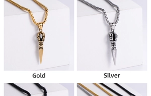 Detail of retro vajra pillar pendant in gold and steel finish with engraved texture