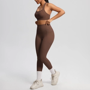 Women's cocoa brown yoga set with sports bra and high waist side pocket leggings
