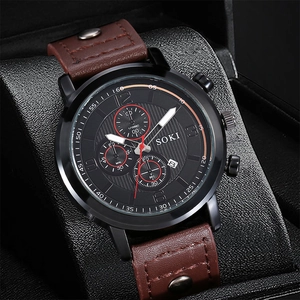 Men's SOKI quartz chronograph watch with brown leather strap and black dial in gift box