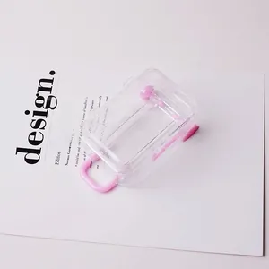 Detailed view of mini pink transparent suitcase storage box on a white magazine page