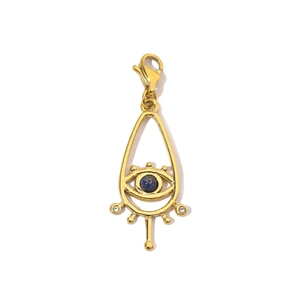 Detail of teardrop evil eye charm in gold steel with blue stone and lobster clasp