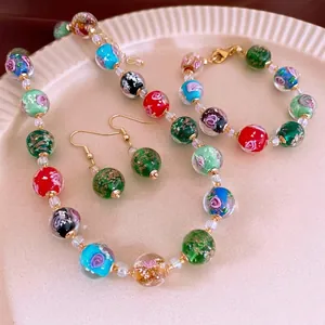 Handmade Lampwork Glass Flower Beads Necklace Bracelet And Earrings Vintage Chinese Style Gold Foil Alloy For Women Aesthetic