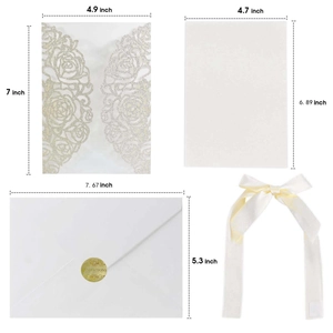 Glitter rose laser cut wedding invitation set with dimensions on a white background