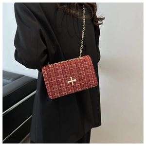 Detail shot of a red tweed chain bag with gold metal buckle worn by a model in a suit