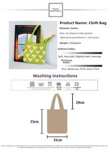 Detailed size chart and specifications for the green heart pattern cotton tote bag