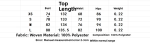 Detailed size chart for minimalist backless satin maxi dress showing XS to L measurements