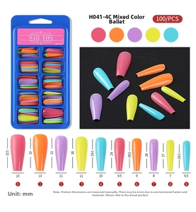 Detailed size chart for colorful ballerina coffin press-on nails from size 0 to 9