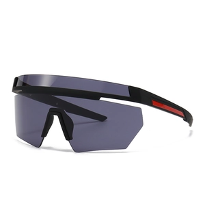 Oversized retro one-piece black sports sunglasses with grey lenses and red temple accents