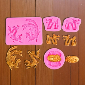 Siliconen fondant mal set met Chinese draak en feniks patronen voor taart decoratie gereedschap