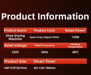 Technical specifications of the 150W electric shoe dryer with timer and 48C constant heat