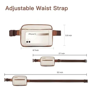 Women's mini waist bag in cream and brown with adjustable strap size chart