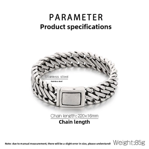 Detailed size chart of vintage stainless steel men's cuban link bracelet with dimensions