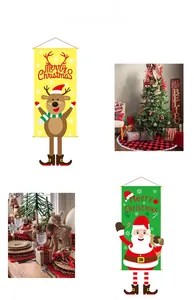 Hanging Christmas banners featuring reindeer and Santa Claus with festive 3D cartoon legs