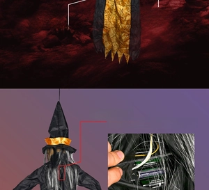 Detail of Halloween witch prop showing battery compartment and spider web mesh fabric