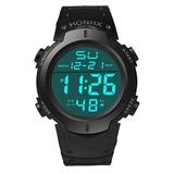 Front view of black digital sports watch with large LCD display and functional side buttons