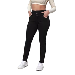 Women's black high-waist skinny jeans with three-button closure and slim-fit design