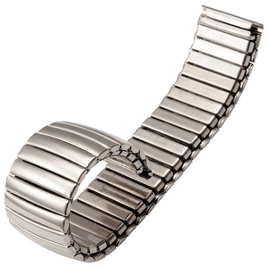 Polished silver stainless steel elastic watch band with a flexible stretch link design