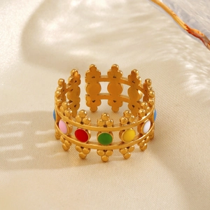 Anello vintage francese in acciaio inossidabile placcato oro 18K con corona in smalto