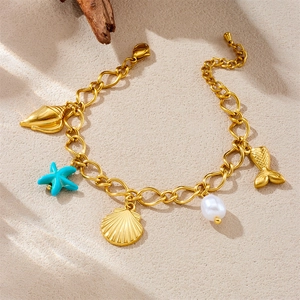 18K gold plated stainless steel ocean charm bracelet with starfish and pearls
