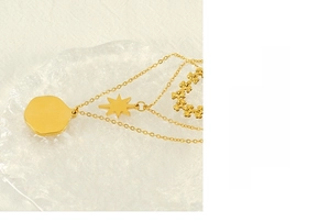 Close-up of gold layered necklace featuring hexagram and coin pendants on a textured base
