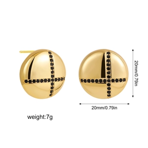 Detail showing 20mm round 18K gold earrings with black zircon cross and size specs