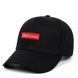 Classic black baseball cap with red rectangular 'Blessed' embroidery on front