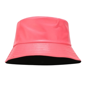 Minimalist double-sided PU leather bucket hat in glossy pink with stitched brim
