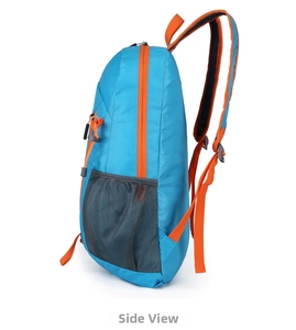 Side view of foldable blue outdoor backpack with orange zippers and mesh side pockets