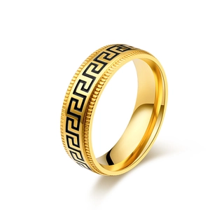 Men's 8mm gold stainless steel ring with black enamel Greek fret pattern detail