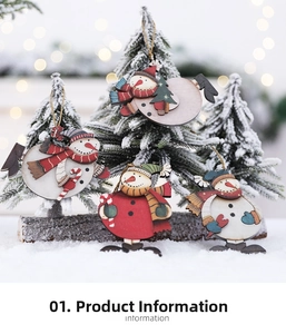 Detailed view of four wooden Christmas snowman ornaments set against a snowy background