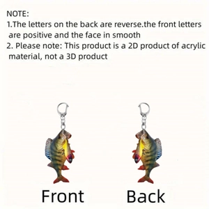 Detail view of 2D acrylic fish keychain showing double-sided print and lobster clasp