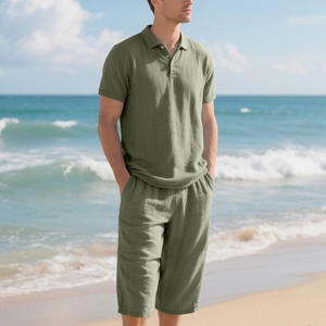 Olive green linen texture polo shirt and drawstring shorts for summer beach vacation