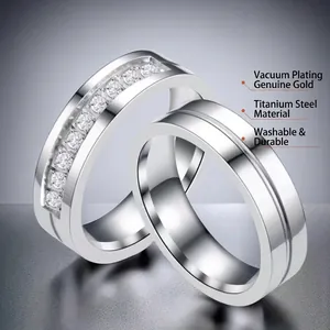 Polished titanium steel couple rings with sparkling cubic zirconia pavé setting detail