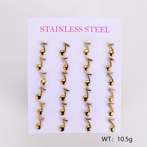 Set of 12 pairs of golden stainless steel musical note stud earrings on a card