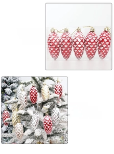 Close-up of colorful pine cone Christmas ornaments with snow effect for festive tree decoration
