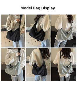Multi-angle views of a large nylon tote bag with drawstring detail and adjustable strap