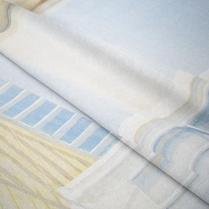 Detail showing high-quality twill fabric texture with abstract architectural print patterns