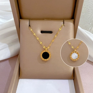 Double Sided Roman Numeral Pendant Necklace Stainless Steel White Mother Of Artificial Pearl Black Agate For Women