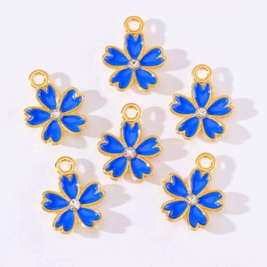 Set of six blue enamel flower pendants with gold edges and crystal centers for DIY jewelry