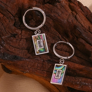 Stainless Steel Hoop Earrings Women With Rectangular Natural Abalone Shell Pendant And Clear Zircon Niche Trendy Style