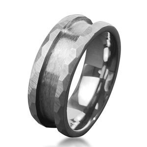Wide brushed tungsten steel ring with center groove and polished hammered edges