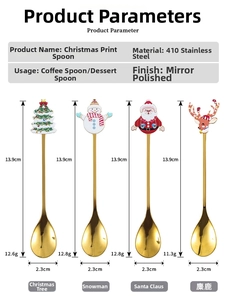 Macro view of 410 stainless steel Christmas dessert spoons with detailed size and weight specs