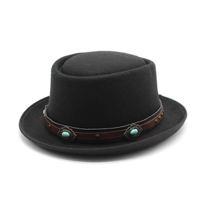 Vintage Wool Felt Fedora Hat With Leather Band And Turquoise Beads Unisex Pork Pie Boater Style Jazz Cap