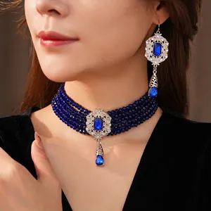 Vintage luxury four-layer blue beaded choker necklace and matching teardrop earrings set