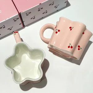 Ceramic Mug Star Shaped Irregular Opening Cute Pink Cherry Blue Banana Pattern Coffee Milk Cup Heat Resistant Office