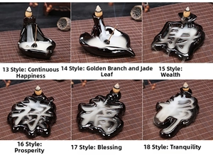 Ceramic backflow incense burner showing six elegant shapes and smoke waterfall effect