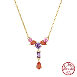 Elegant gold S925 sterling silver Y-necklace with multi-colored pear and round gemstones