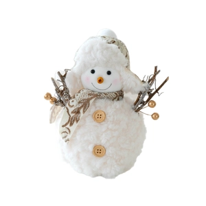 Plush knitted Christmas snowman figurine with brown patterned scarf and wooden buttons
