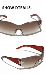 Close-up of Y2K shield sunglasses with silver star detail and gradient lenses